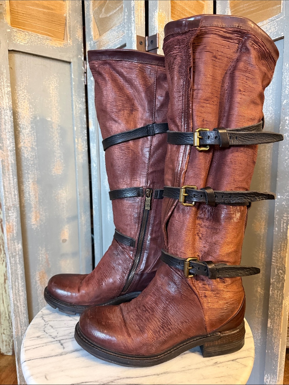 A.S 98 Women's Tall Maroon Leather Buckle Distressed Boots size 7